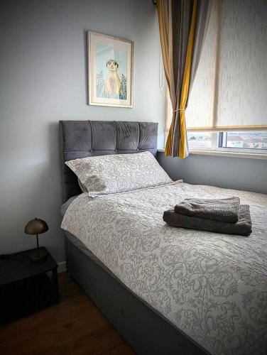 a bed in a bedroom with a picture of a dog at Elena Retreats in Drogheda