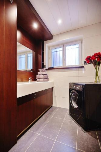 une salle de bain avec un lavabo et une machine à laver dans l'établissement Cozy and Stylish with A-C in City Center!, à Strasbourg