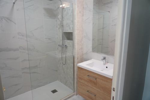 une salle de bain avec une douche en verre et un lavabo dans l'établissement Le Neyst, à Lyon
