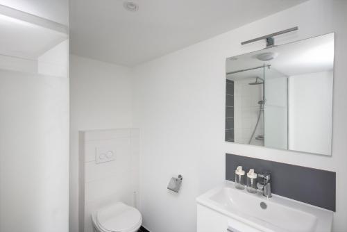 La salle de bains blanche est pourvue de toilettes et d'un miroir. dans l'établissement Boistrudan, à Brest