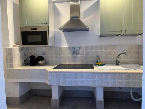 a kitchen counter with a sink and a microwave at Il GIARDINO della FALENA in Favignana