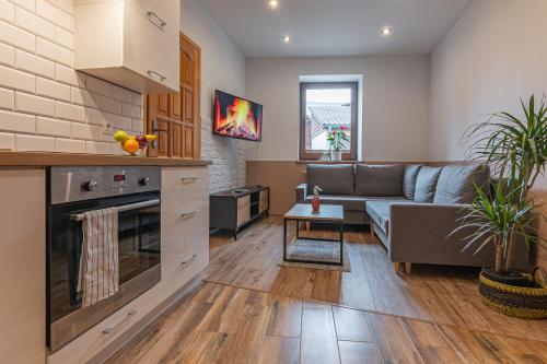 una sala de estar con un sofá y una mesa en Apartament PIETRASÓWKA, en Jurgów