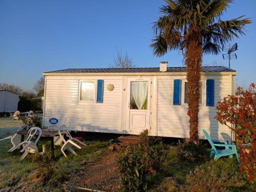 une petite maison blanche avec un palmier et des chaises dans l'établissement mobil home 9, à Beaugeay