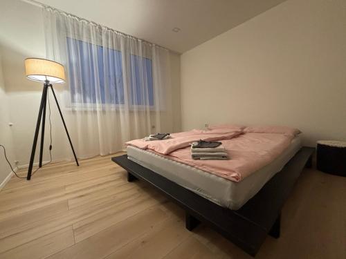 a bedroom with a bed with a lamp and a window at kompletne zariadený 3 izbový byt in Belá