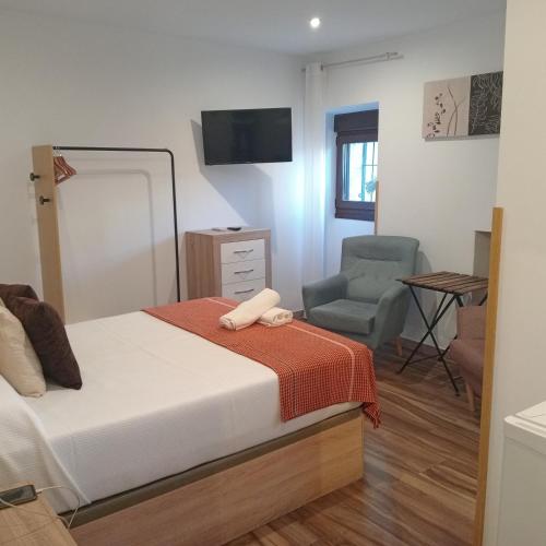 a bedroom with a bed and a chair and a mirror at Restaurante & Hotel Rural El Mirador de Trevejo,ideal para parejas in Villamiel