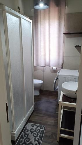 a bathroom with a shower and a toilet and a sink at La casetta rossa in Collicello