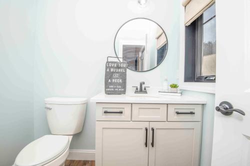 a bathroom with a white toilet and a mirror at Luxury Lakeside Living at Knot Working on Norris Lake in La Follette