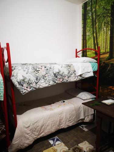 a bedroom with two bunk beds and a table at Pinnettu sardo casa di campagna in ecosistema insetti e animaletti simpatici in condivisione,Leggere attentamente Prima di prenotare in Oliena