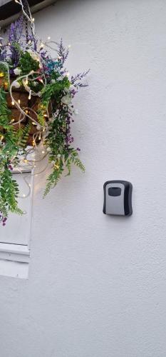 a black object on a white wall with flowers at Akranes 4you - Linda's House in Akranes