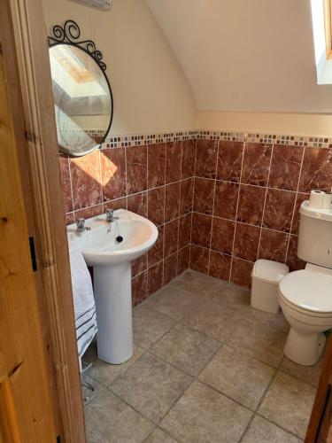 a bathroom with a sink and a toilet and a mirror at #4- Spacious Ensuite Family Room or Triple Room in Leitrim in Drumgownagh
