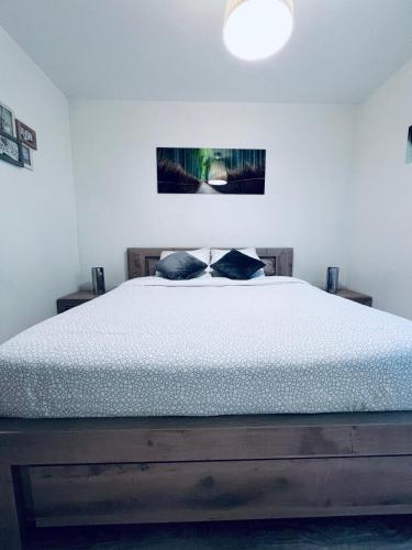 a bedroom with a large bed with blue pillows at Appartement DISNEYLAND PARIS in Chessy