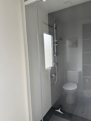 a bathroom with a toilet and a glass shower at Location Mobil-Home "Le Piriac'Home V2" in Piriac-sur-Mer