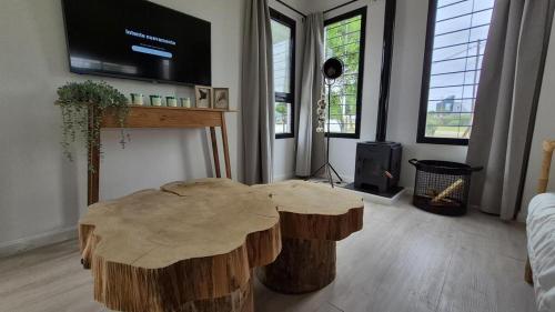 a living room with a wooden stump coffee table at Casa Contenedor Chapadmalal in Chapadmalal