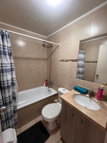 a bathroom with a toilet and a sink and a tub at Departamento acogedor y céntrico in Temuco