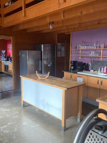 une cuisine avec des appareils en acier inoxydable et une table en bois dans l'établissement LE GîTE DES DAINES, à Lavans-lès-Saint-Claude