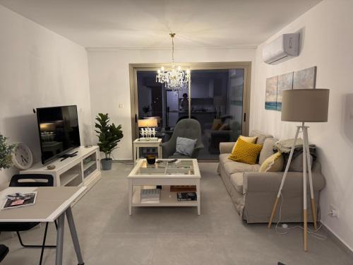 a living room with a couch and a tv at Brandnew Rooftop Flat near Larnaca Mall in Larnaca