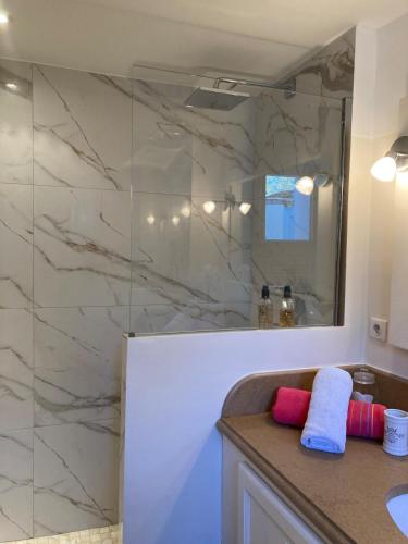 une salle de bain avec douche et lavabo dans l'établissement Appartement sur le Golf de Saint Endréol,spa,piscine, à La Motte