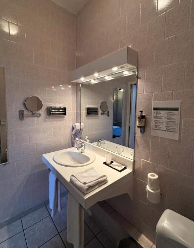 une salle de bain avec un lavabo et un miroir dans l'établissement Hotel Restaurant La CHEVALIERE, à Saint-Florentin
