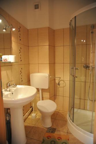 a bathroom with a toilet and a sink and a shower at Pensiunea Caramida Verde in Craiova