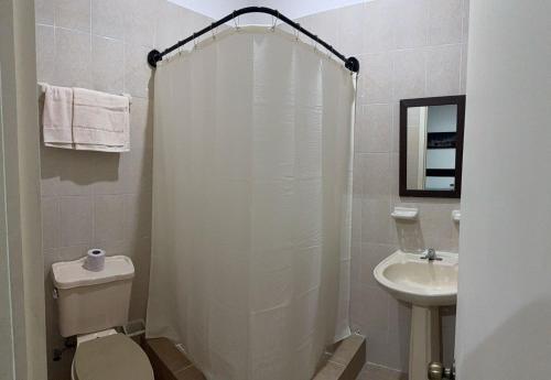 a bathroom with a shower and a toilet and a sink at Hotel La Casona in Villahermosa