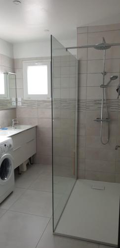 une salle de bain avec douche et machine à laver dans l'établissement Maison de vacances, à Pézenas