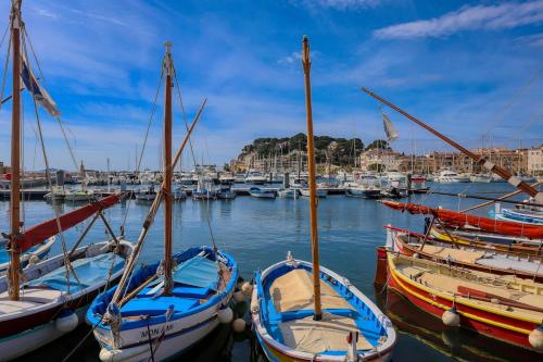 un groupe de bateaux amarrés dans un port dans l'établissement Le Cocon Cavet T3 cœur village Marché & Port, à Sanary-sur-Mer