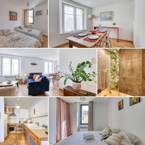 un collage de photos d'une chambre et d'un salon dans l'établissement Le Cocon Cavet T3 cœur village Marché & Port, à Sanary-sur-Mer