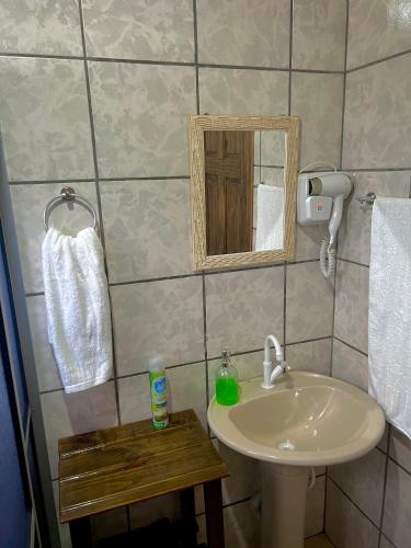a bathroom with a sink and a mirror at Casa Jardinada in Pomerode