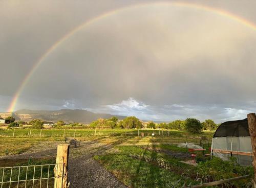 a rainbow in the sky over a field at Posh Cottage Wine Country Mountain View Retreat in Palisade