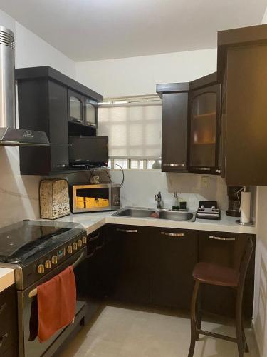 a kitchen with black cabinets and a sink and a stove at Rayados BBVA Stadium House in Monterrey