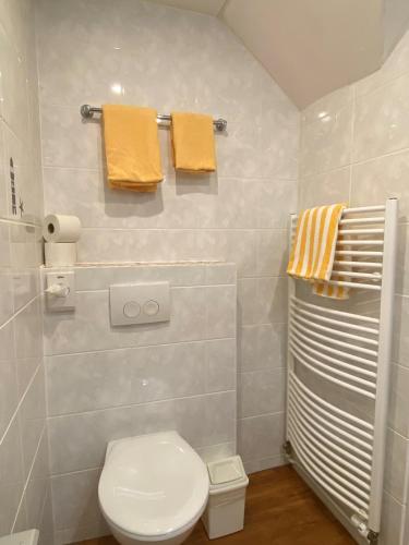 a bathroom with a toilet and towels on a wall at Schumacher's Landhaus - Bücherhotel in Friedeburg