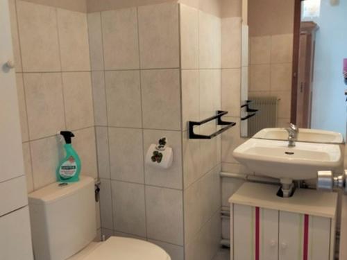 une salle de bain avec toilettes et lavabo dans l'établissement Studio agréable en centre ville, 6ème étage - FR-1-331-45, à Les Sables-dʼOlonne
