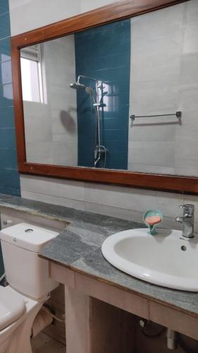 Un baño con lavabo, espejo e inodoro. en Royal home stay 2 bedroom private home in secure private property with garden view and all the facilities, en Kalutara South