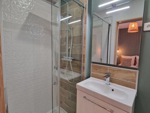 ein Badezimmer mit Waschbecken und Dusche in der Unterkunft Studio moderne et calme avec parking à Châteauroux - FR-1-591-724 in Châteauroux