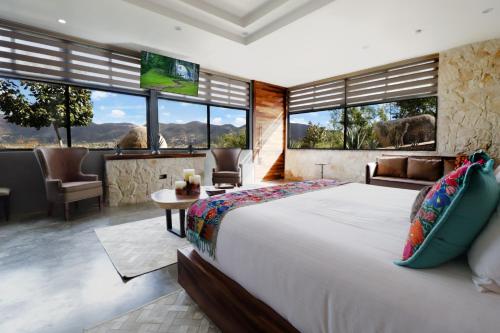 瓜达鲁佩镇Parra del Valle Hotel Boutique的一间配有大床和大窗户的卧室
