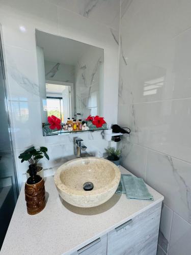 a bathroom with a sink and a mirror at Villa Ranitea in Avae
