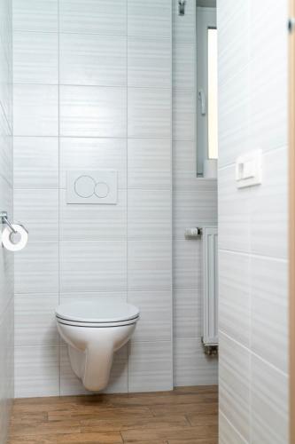 a white bathroom with a toilet and a shower at Apartment Žvan in Bohinj