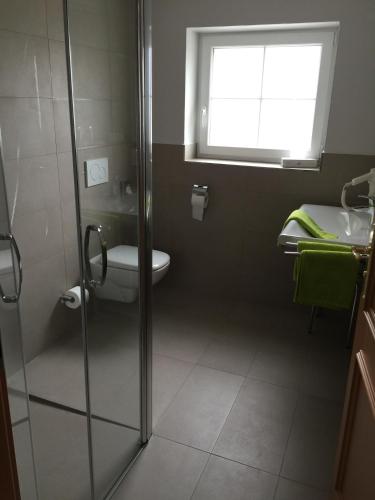a bathroom with a shower and a toilet and a window at Hotel Zur Linde in Lauf