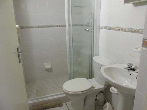 a bathroom with a shower and a toilet and a sink at Point Village Accommodation - Snowdove in Mossel Bay