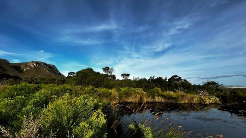 a river in a field with a mountain in the background at Blombos Self-Catering House in Franskraal