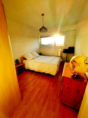 une chambre avec un lit, une fenêtre et une table dans l'établissement Le Belvédère spacieux lumineux avec 2 chambres, à Montbéliard