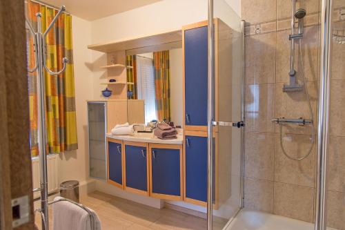 La salle de bains est pourvue d'une douche et d'un lavabo. dans l'établissement Hotel Wilgenhof, à Maaseik