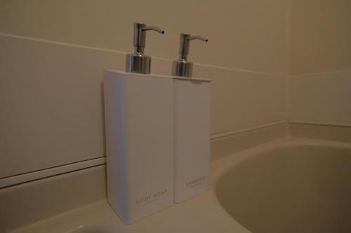 a bathroom with a bath tub with two faucets at 5mins walk to Kameari Station within 30mins to Ginza, Asakusa, Skytree Direct bus to Haneda Airport & Tokyo Disneyland departing from Kameari Station in Tokyo