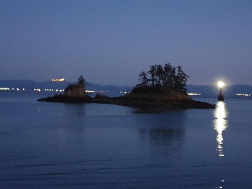 a small island in the water at night at Doggebi Stay in Gunsan