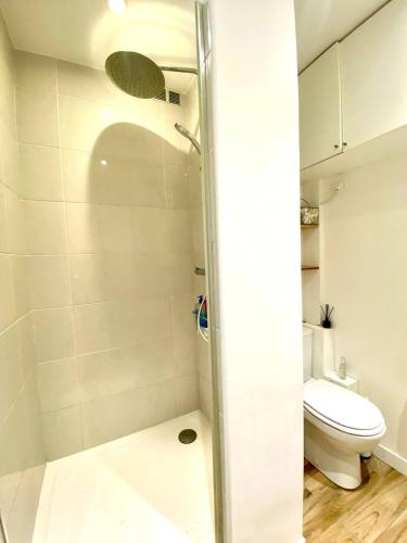 une salle de bain avec douche et toilettes dans l'établissement Charmant appartement calme 2 personnes, à Paris