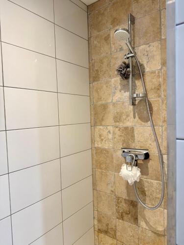 une douche avec pommeau de douche dans une salle de bain dans l'établissement Superbe appartement grande terrasse centre ville St Rémy, à Saint-Rémy-de-Provence
