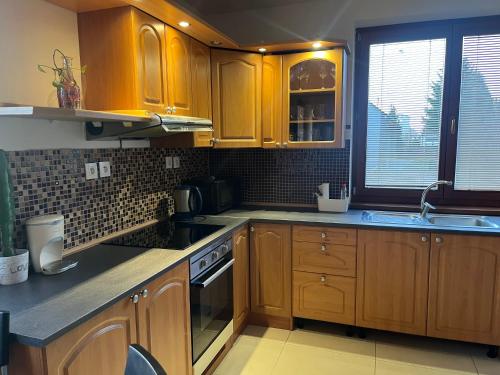 a kitchen with wooden cabinets and a sink at Dom pri kúpalisku Thermalpark na Malotejedskej in Dunajská Streda