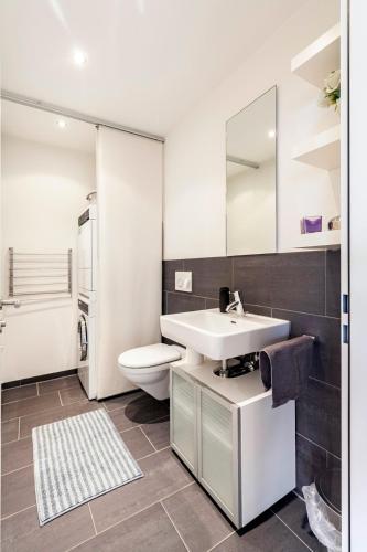 a bathroom with a sink and a toilet at Wohnung mit Klimaanlage Zürich & Airport nah in Glattbrugg