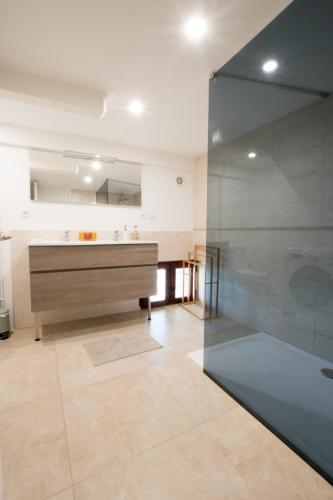 une grande salle de bains avec une grande paroi en verre dans l'établissement Rooftop de la Roquette Terrasse Clim, à Arles