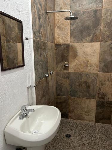 a bathroom with a sink and a shower at casa regina in Tepoztlán
